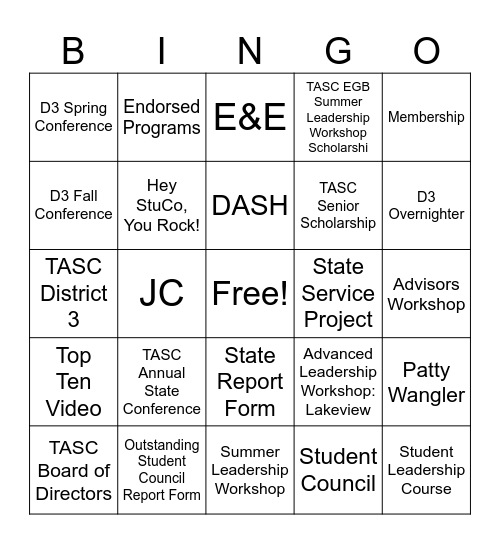D3 StuCo BINGO Card