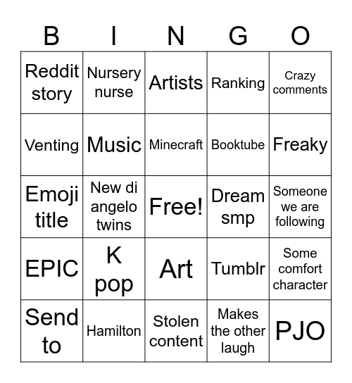 Yt shorts bingi Bingo Card