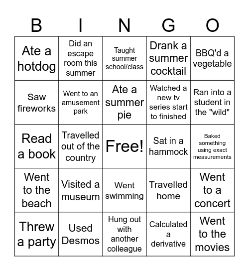 Math Department BINGO Card