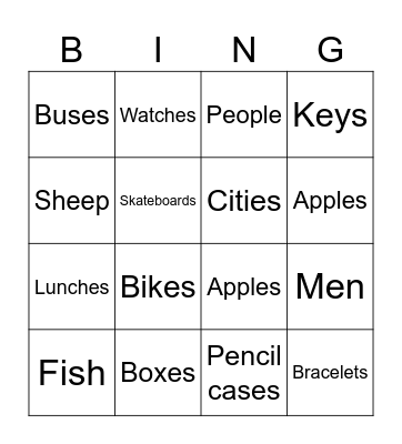 Plural Nouns Bingo Card