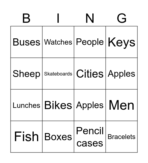Plural Nouns Bingo Card