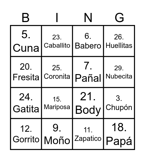 Baby Shower Alessia Bingo Card