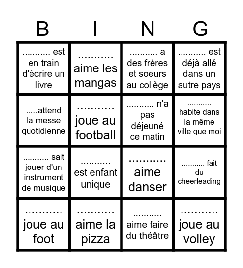 Bingo pour faire connaissance avec  ma classe Bingo Card