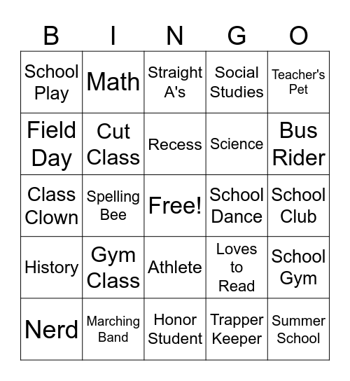 Back to School Bingo Card