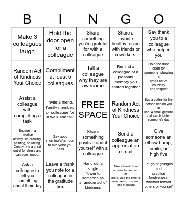 Workplace Random Acts of Kindness Bingo Card