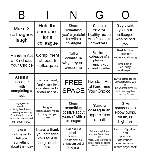 Workplace Random Acts of Kindness Bingo Card