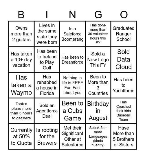 Ice-Breaker Scavenger Hunt Bingo Card
