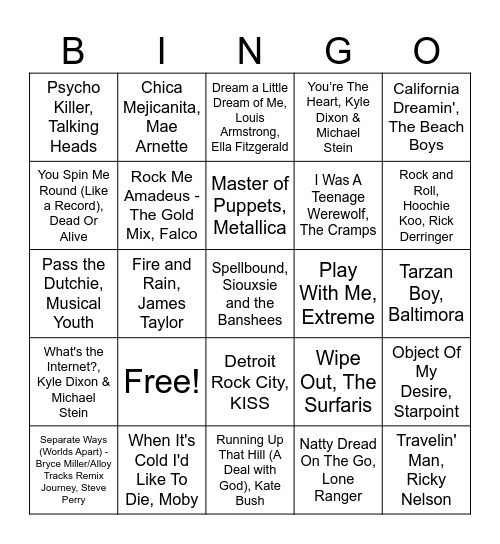 Stranger Music Thingos Bingo Card