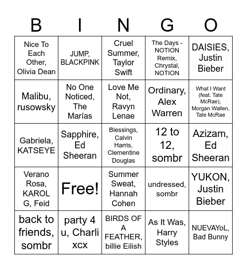 Summer of 2025 Bingo Card