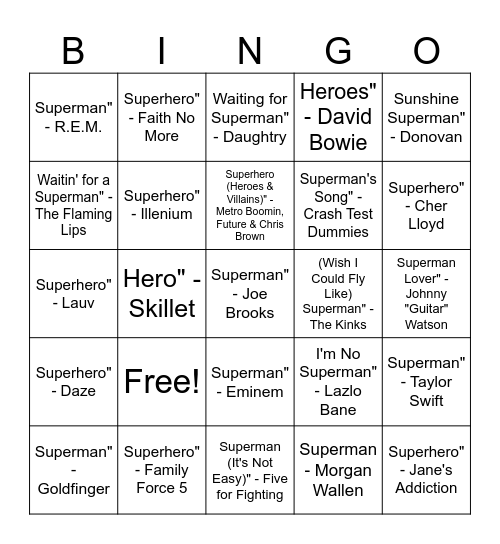 Supermusic Bingo Card