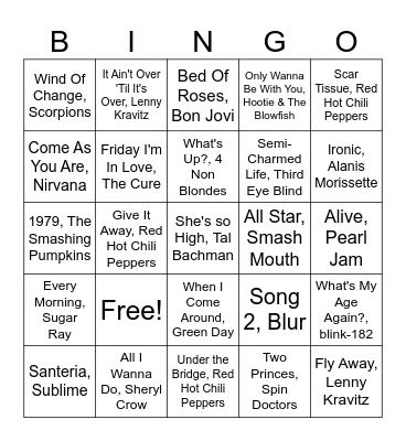 90s Summer Jams Bingo Card