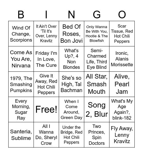 90s Summer Jams Bingo Card