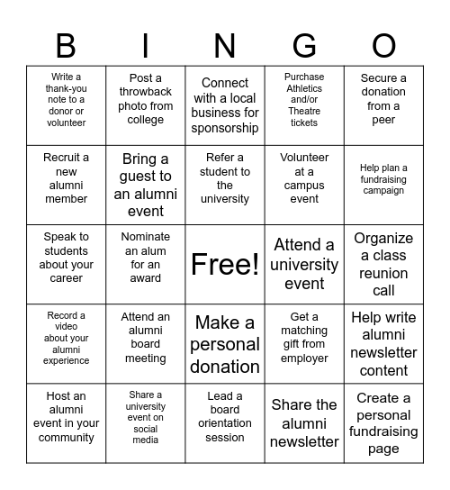 UNI Alumni Board Bingo Card