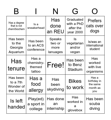 Chem Welcome BINGO !! Find someone who... Bingo Card