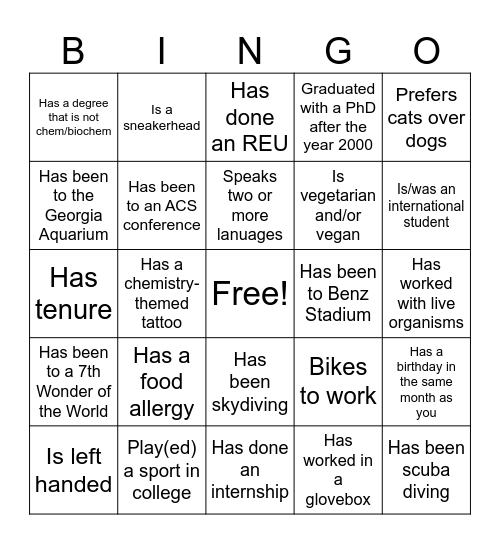 Chem Welcome BINGO !! Find someone who... Bingo Card