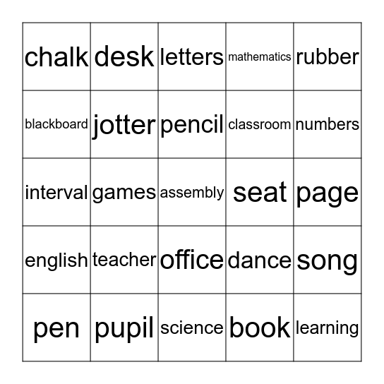 school bingo Card