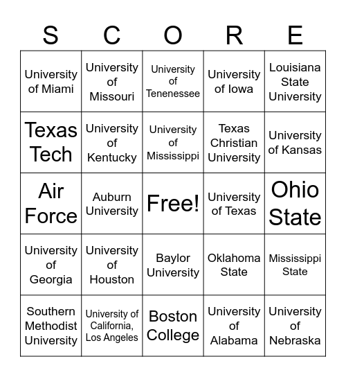 College Game Day BINGO Card