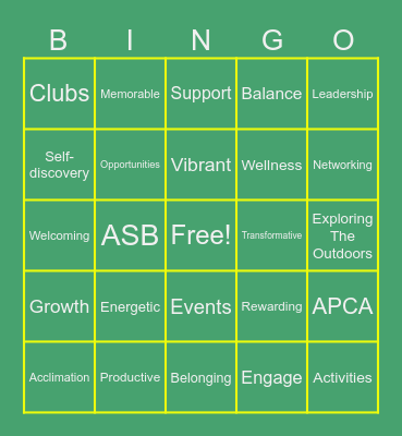 New Student Orientation Bingo Card