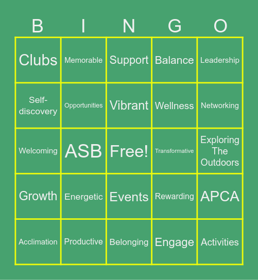 New Student Orientation Bingo Card