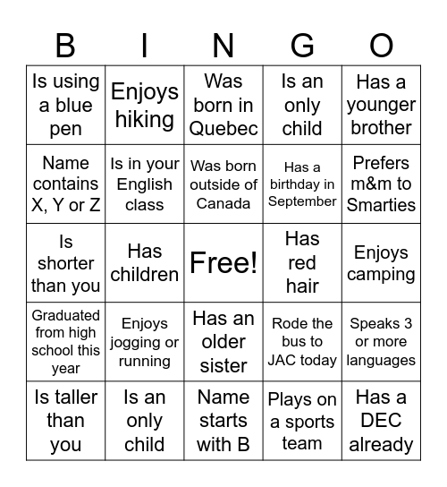First day of Class Bingo Card