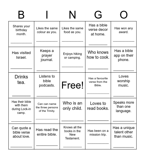 Youth Camp Bingo Card
