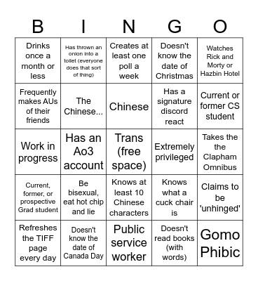 Normal Person Bingo Card