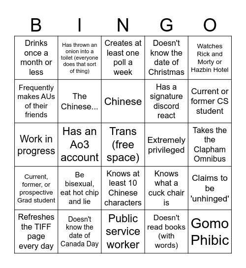 Normal Person Bingo Card