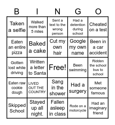 Never Have I Ever Bingo Card