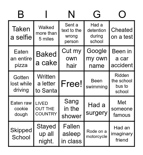 Never Have I Ever Bingo Card