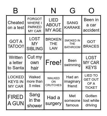 Never Have I Ever Bingo Card