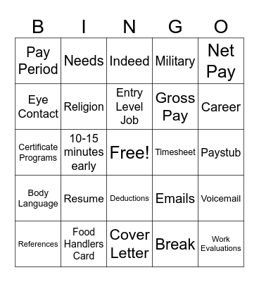 Summer Job Club Review Bingo Card