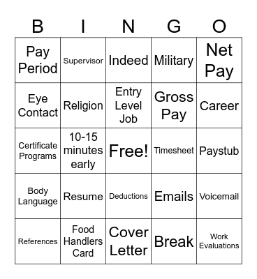 Summer Job Club Review Bingo Card