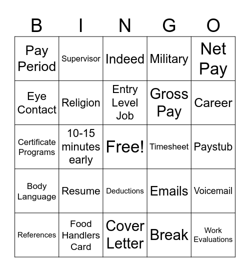 Summer Job Club Review Bingo Card