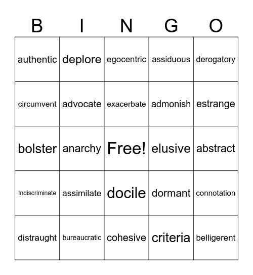 Sight Words Bingo Card