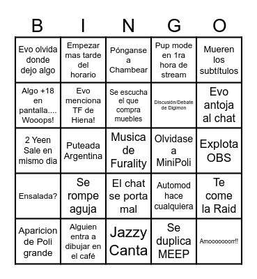 Evo 9 Days Bingo Card