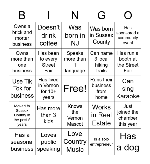 Vernon Chamber Networking Bingo Card
