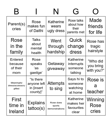 Rose of Tralee Bingo Card