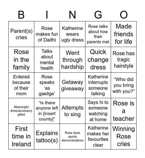 Rose of Tralee Bingo Card