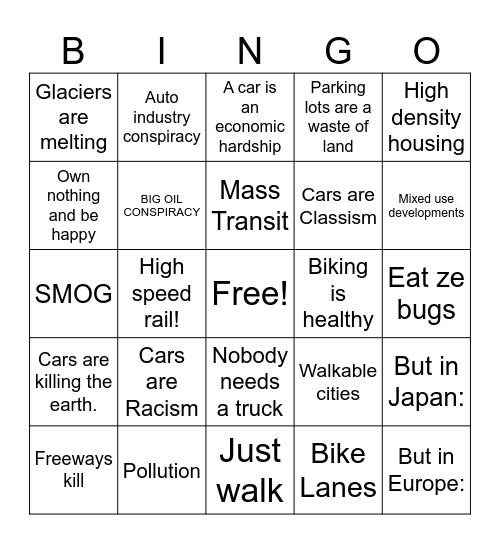 FuckCarsCircleJerk Bingo Card