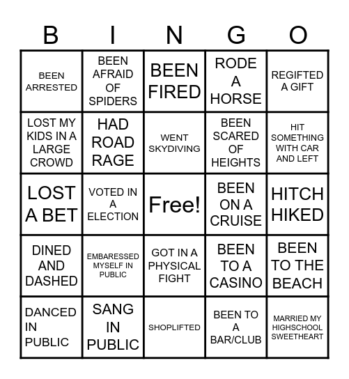 Never Have I Ever Bingo Card