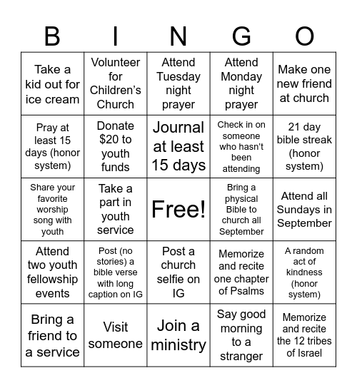 Youth Bingo Card