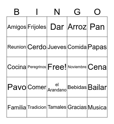 Dia De Accion De Gracias Bingo Card