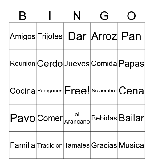 Dia De Accion De Gracias Bingo Card