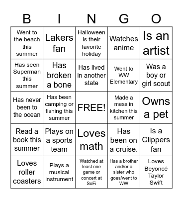 6th Grade Advisory Getting to know you  2025 Bingo Card