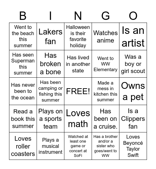 6th Grade Advisory Getting to know you  2025 Bingo Card