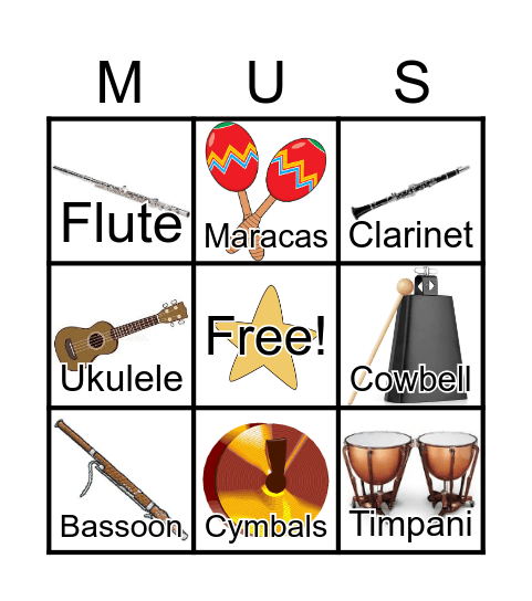Musical Instruments w/Pictures Bingo Card