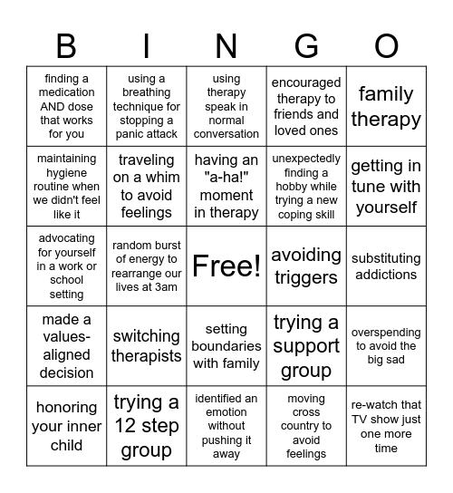 Mental Health Bingo Card
