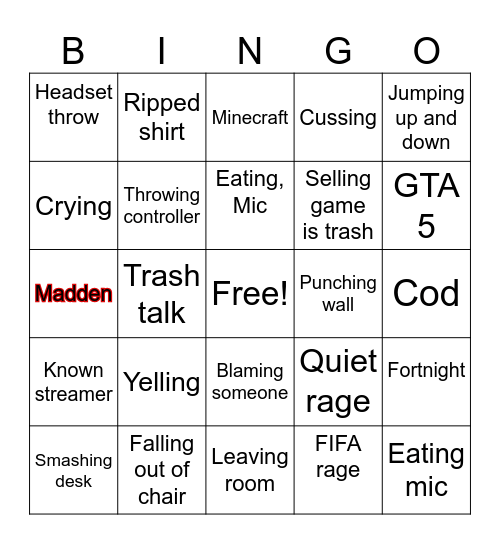 Video games crash out Bingo Card