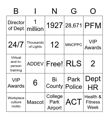 M-NCPPC Knowledge Bingo Card