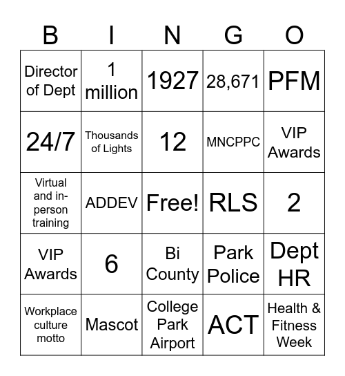 M-NCPPC Knowledge Bingo Card